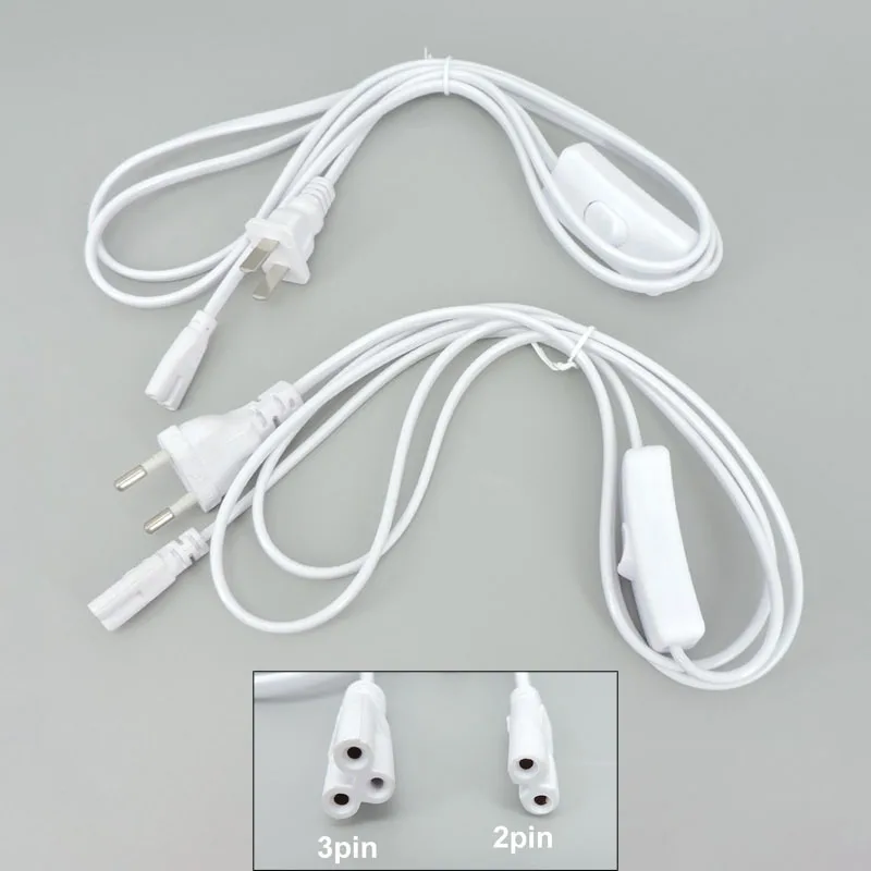 2 3 pin hole AC EU US Plug Switch Cable T5 T8 LED Tube Power supply Charging extension Wire ON/OFF Connector Lighting Accessory