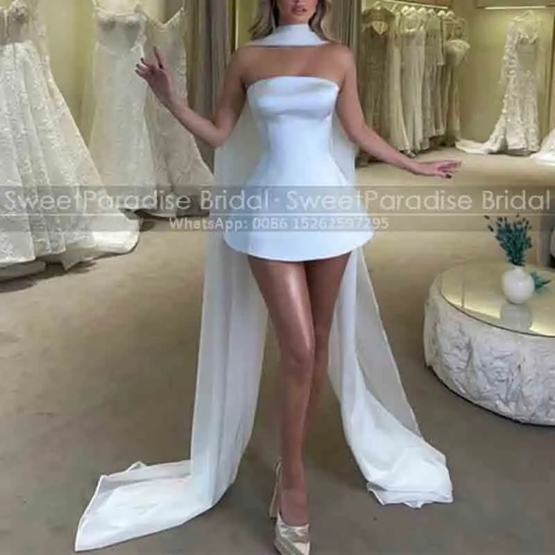 

Strapless Short Prom Dresses With Scarf A Line Customized White Satin Mini Evening Dress Party For Women
