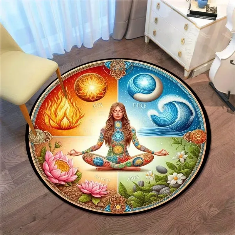 Yoga Meditation Round Area Rug Soft Non‑Slip Floor Carpet Mandala Lotus Element Mat for Living Room Bedroom Yoga Room Home Decor