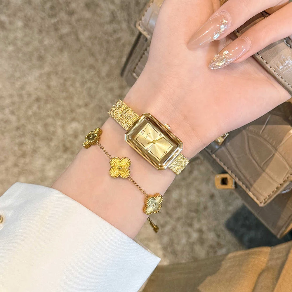 GEDI Gold Vintage Women's Watch Small Square Dial Ladies Daily Dress Quartz Wristwatch Retro Steel Strap Fashion Accessory Gift