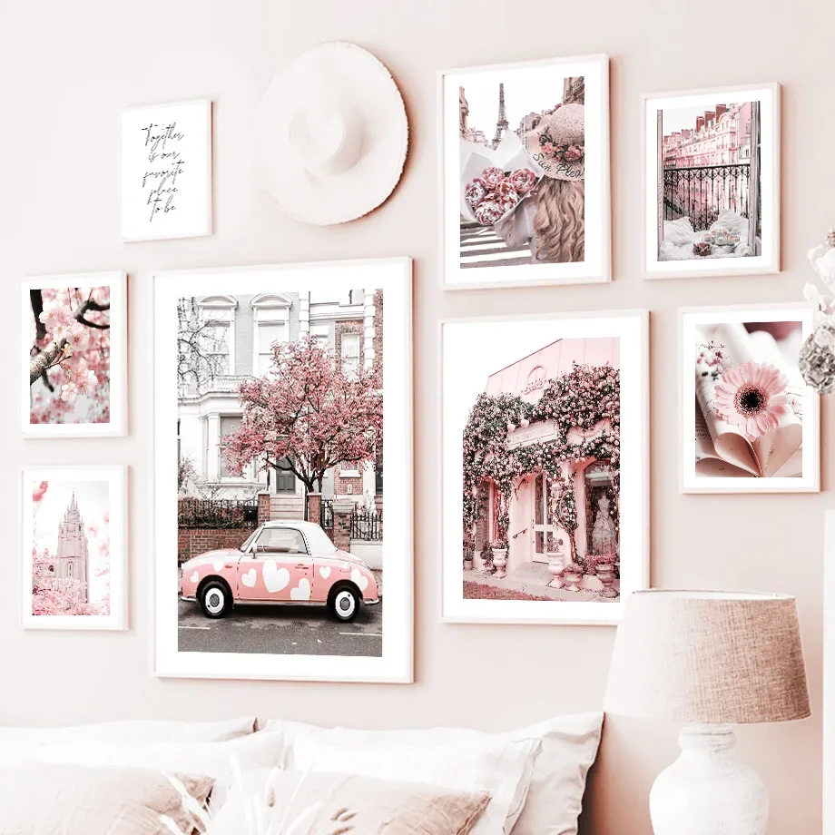 

Nordic Posters Paris Tower Pink Sakura Car Daisy Building Wall Art Canvas Painting And Prints Wall Pictures Girl BedRoom Decor