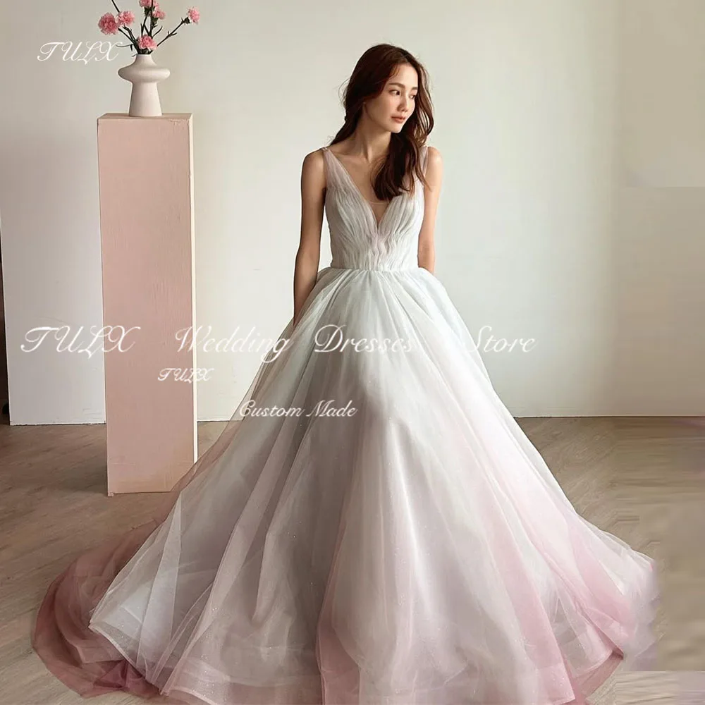 TULX Fairy Deep V-Neck Gradient Evening Dress Korea Wedding Dress Photo Shoot Tulle A line Long Party Dress Corset Customized
