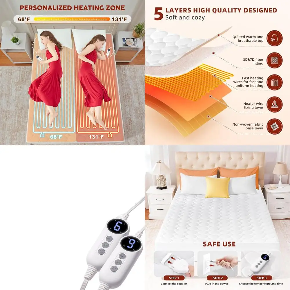 

Электрический наматрасник King Size с двумя элементами управления, 9, настройки нагрева, автоматическое выключение, глубокий карман, сертифицированный ETL, белый