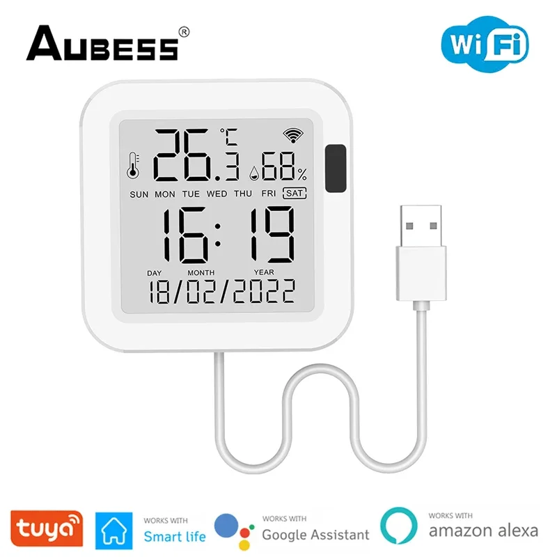 Sensor de temperatura y humedad WiFi inteligente Tuya, alimentación USB con pantalla LCD, Smart Life, compatible con Alexa y asistente de Google