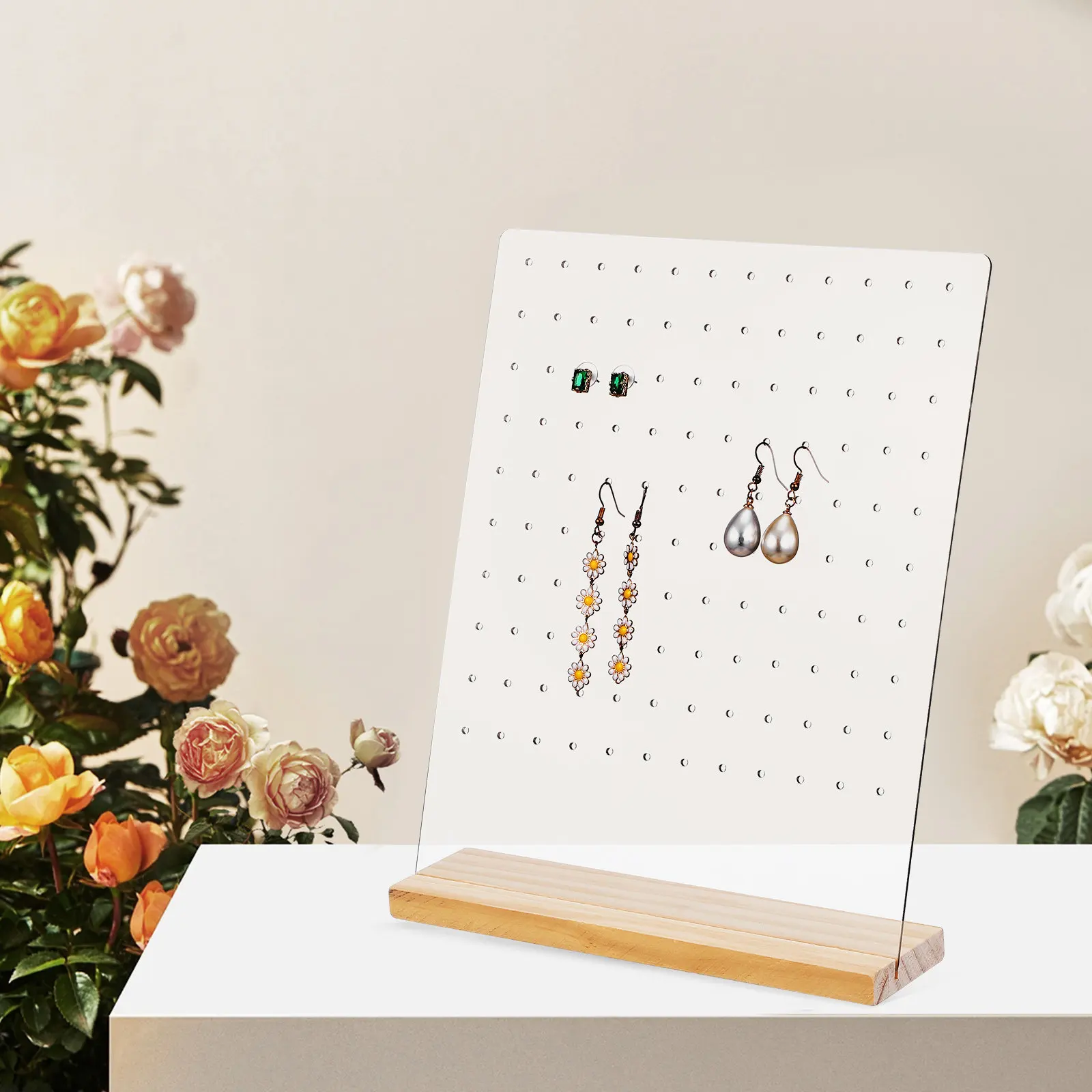 4pcs Clear Acrylic Earring Display Stand With Wood Base 120 Holes Jewelry Storage Rack Earring Organizer For Home Store Use