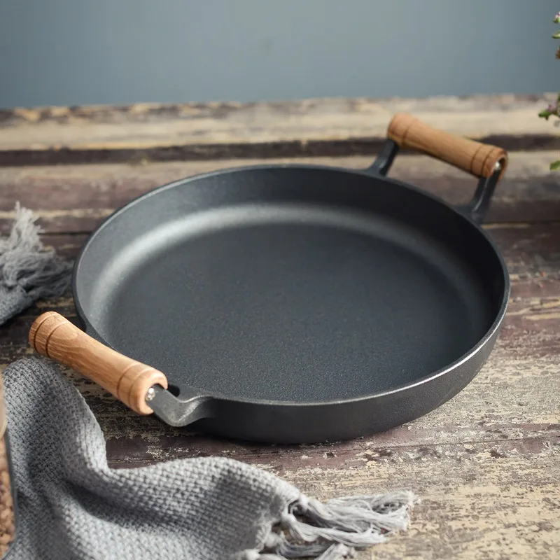 Wooden Handle Cast Iron Pancake Pan - Home Use Non-Stick Griddle for Pancakes, Jianbing & Hand-Pulled Noodles