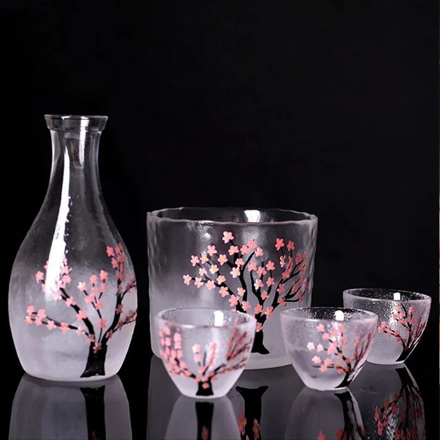 6 pcs/set Japanese style Sake Pot Wineware set Plum Blossom Design Glass Hot Wine Pot Home Small white wine Glass Set