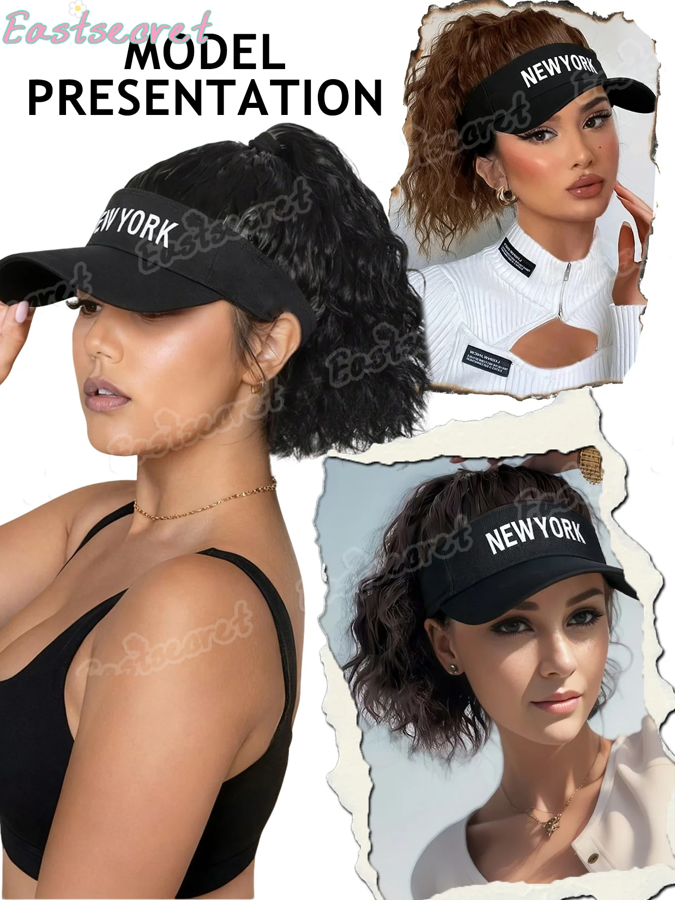 EAST Peluca de cola ondulada rizada sintética, peluca de sombrero negro con letras, resistente al calor, adecuada para uso diario, pelo corto integrado con sombrero