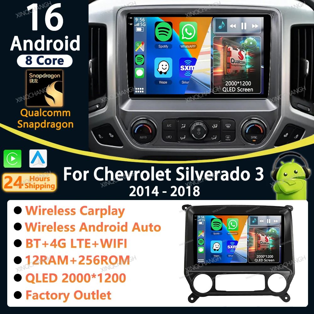 Android 16 Car Radio Carplay Auto For Chevrolet Silverado 3 GMTK2 2014 - 2018 Fascia Panel Stereo Dash Fitting Panel Kit Player