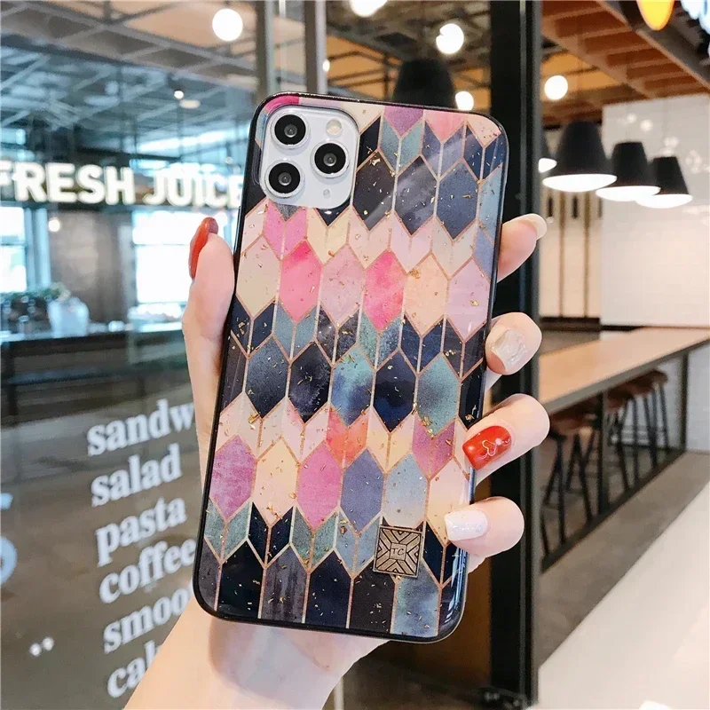 Contrasting Color Gold Foil Silicone Phone Case For iPhone 16 15 14 13 11 12 Pro Max Plus Glitter Geometric Painted Epoxy Cover
