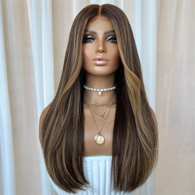 

Glueless Wig High Quality Wigs Long Straight Dark Brown Blonde Highlights Wig Soft Natural Synthetic Lace Front Wig For Women