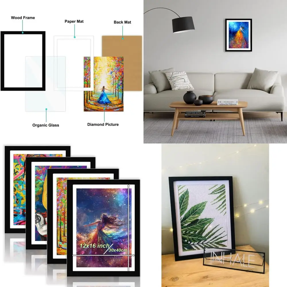 

Набор из 4 черных деревянных рамок для художественных наборов с бриллиантами 12x16 дюймов, в комплект входит стекло, коврик, подвесной комплект.