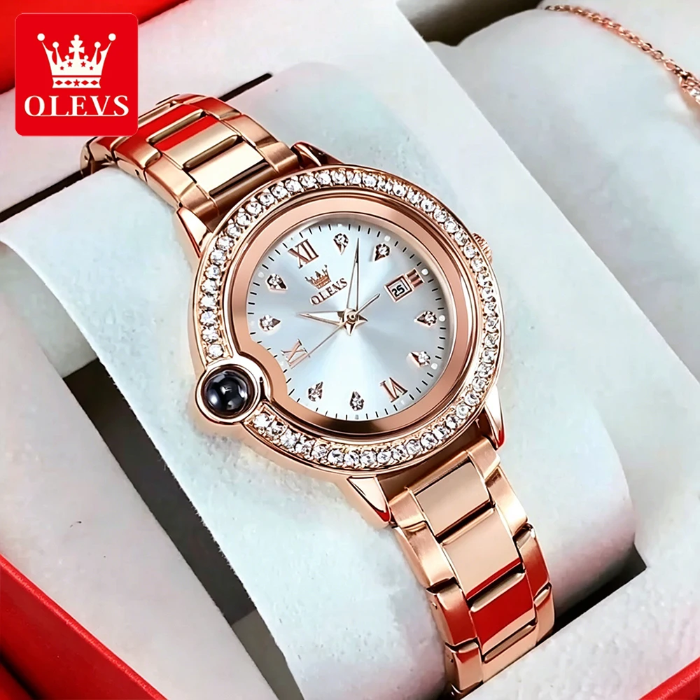 OLEVS Women's Watches Luxury Fashion Rose Zircon Bezel Gold Original Quartz Wristwatch for Lady Waterproof Luminous Date 5588