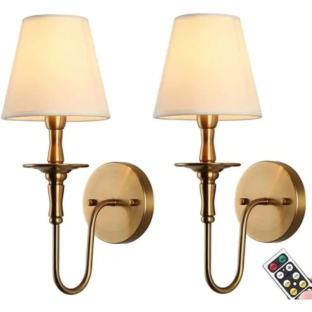 

Wall Sconces Set of 2,No Wiring Rechargeable Wall Lights with Remote,Antique Brass Vintage Fabric Shade Wall Lamp Fixtures