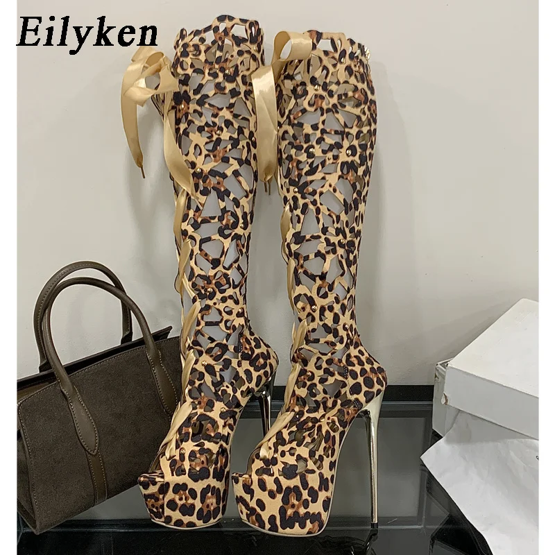 Eilyken Sexy Design Hollow Thin High Heels Women Knee-High Boots Sandals Zipper Shoes Street Style Stripper Zapatos De Muje