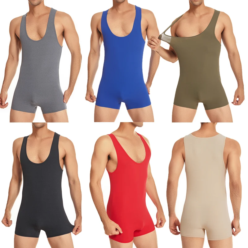 

Men Undershirts Underwear Leotard Fitness Gym Workout Wrestling Singlet Rompers Breathable Seamless Slip Jumpsuits Shorts Vest