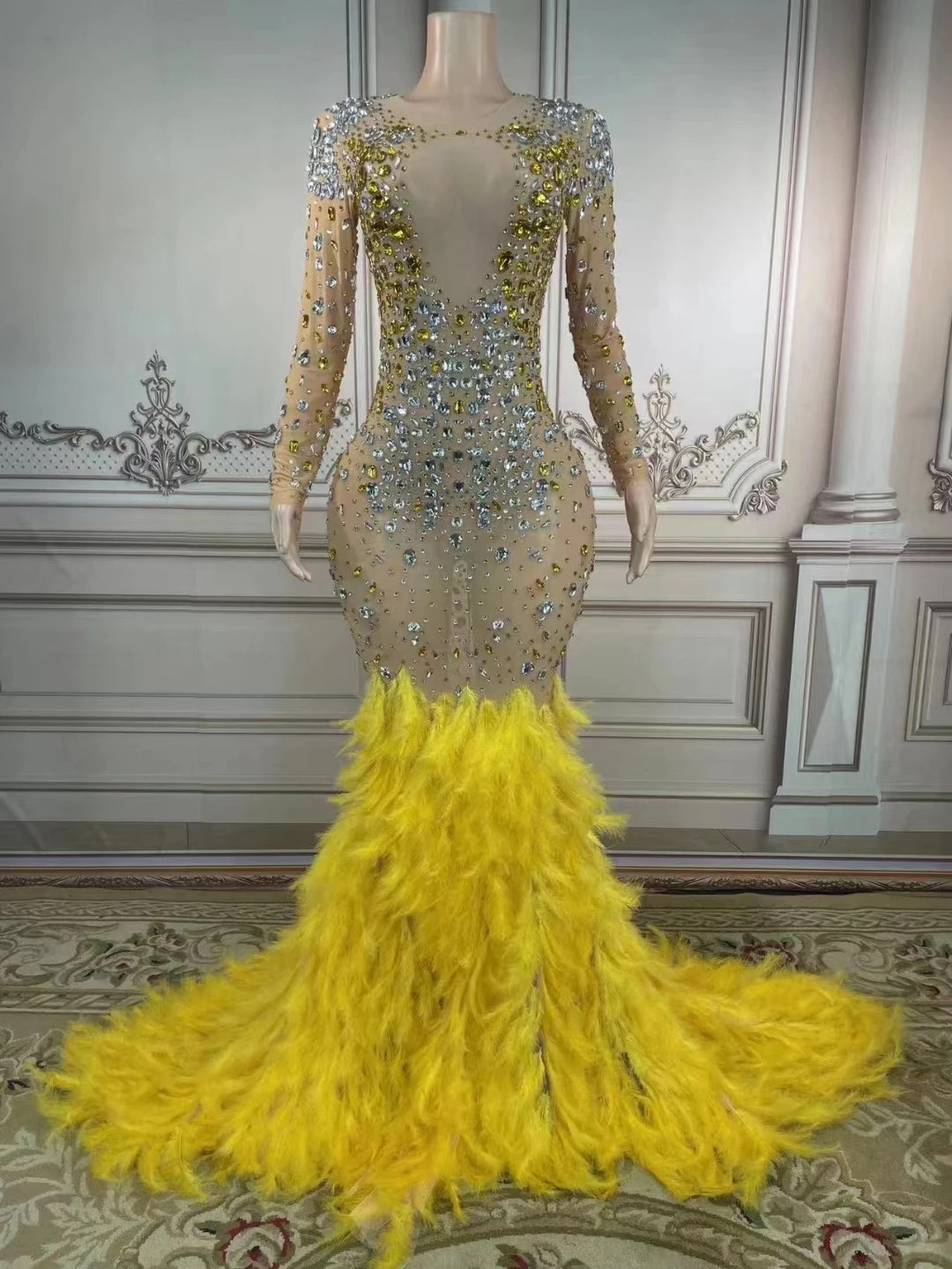 Stage Sparkly Rhinestones Mesh Yellow Feather Dress Prom Gown Evening See Through Crystals Birthday Dress Club Party Show Dress