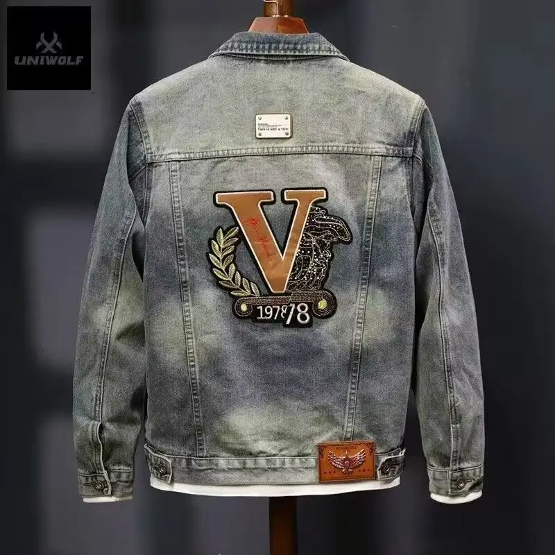 

Retro high luxury trendy brand denim jacket for men, new spring and autumn fashion embroidered cool motorcycle jacket