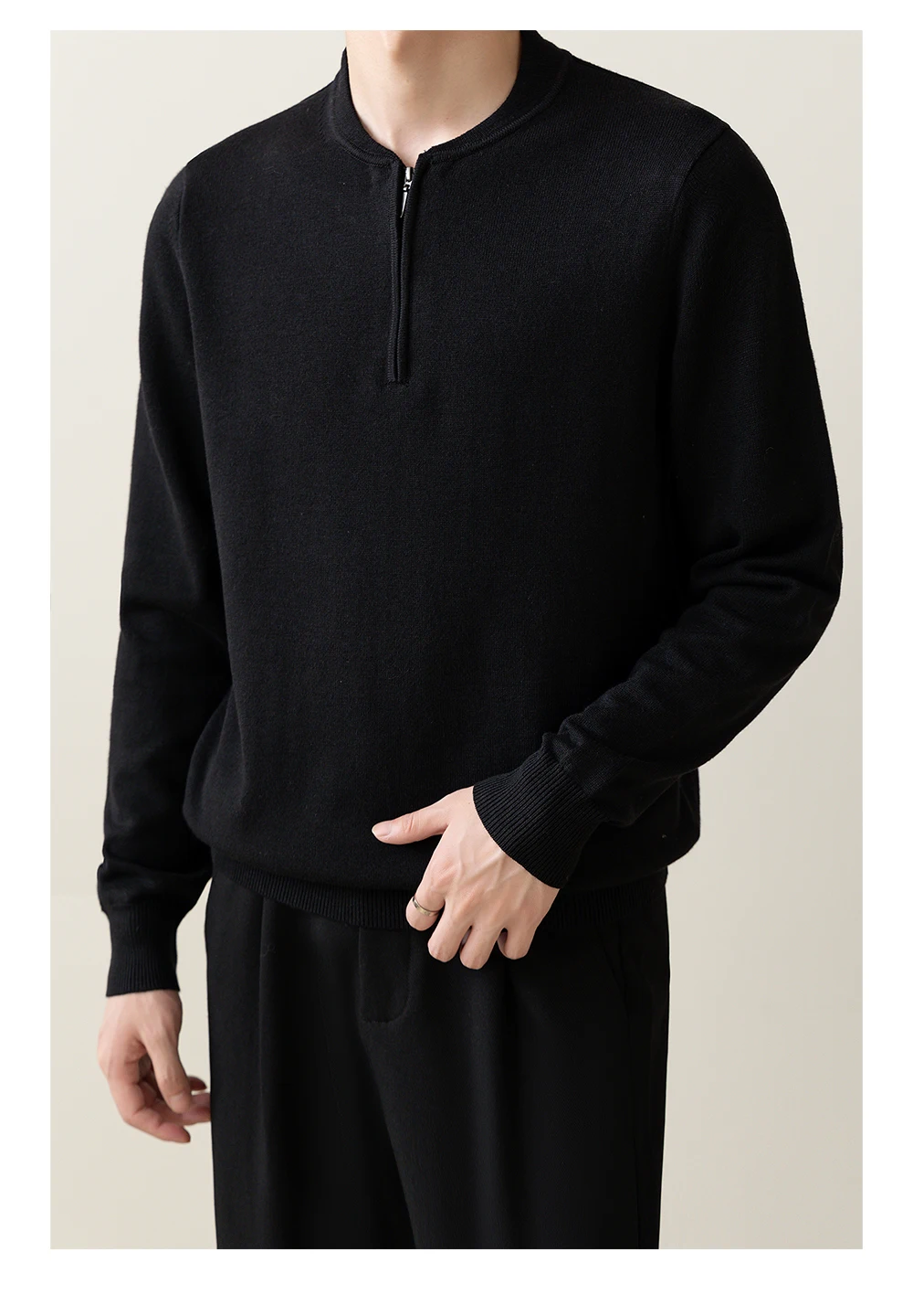 Autumn Winter Commuting Style Men's Black Off-White Half-Zip Turn-Down Collar Sweater Business Casual Navy Blue Coffee Sweater