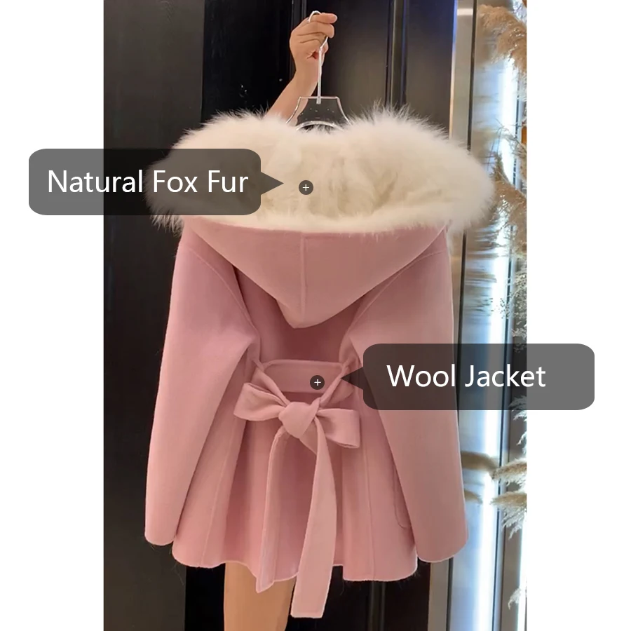 Women's Real Fox Fur Collar Coat High Quality Wool Blends Jacket With Hood Winter Best Selling Styles