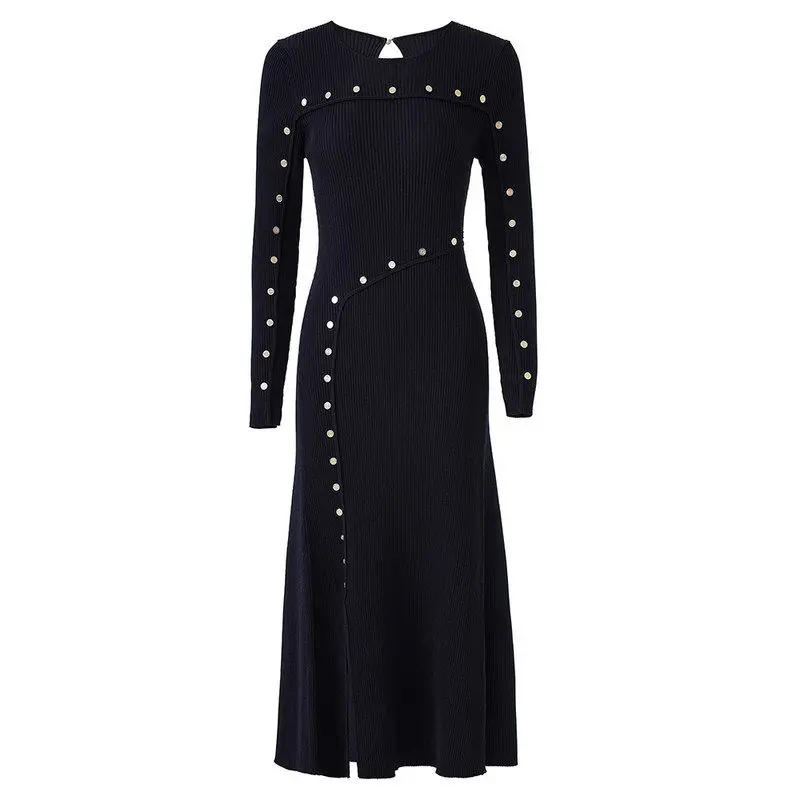 

Black Knitted Long Dress 2025 Autumn New Style Waist-Cinching Asymmetrical Slit Full Sleeve Midi Dress for Women Commute Style