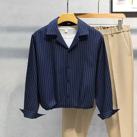 Herr Randig Långärmad Skjorta Vår Höst Ny Koreansk Affärs Lös Mångsidig Kappa Tonårsmode Casual Svarta Toppar Med Slagslag 6 best sales Koreansk svart skjorta för män - №6