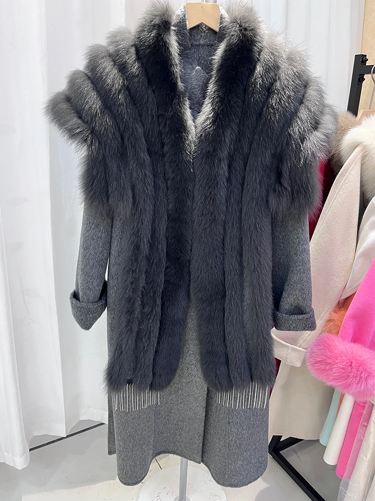 

Women Real Fur Long Cashmere Wool Woolen Coat Winter Jacket Natural Fox Fur Collar Ladies Outerwear Streetwear