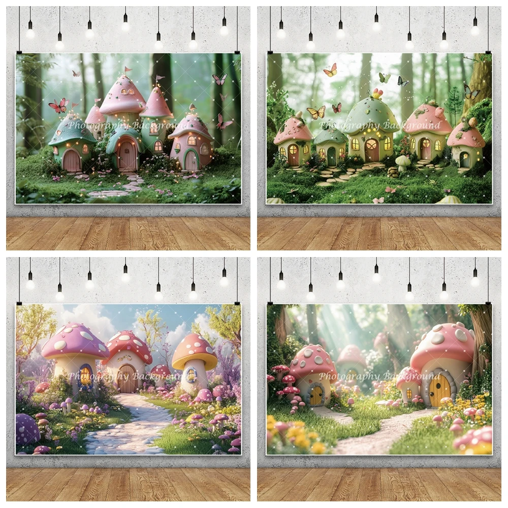 خلفية للتصوير الفوتوغرافي لمنزل فطر الغابة وقلعة فطر الغابة وحفلات أعياد الميلاد للأطفال وخلفية ديكور الكيك