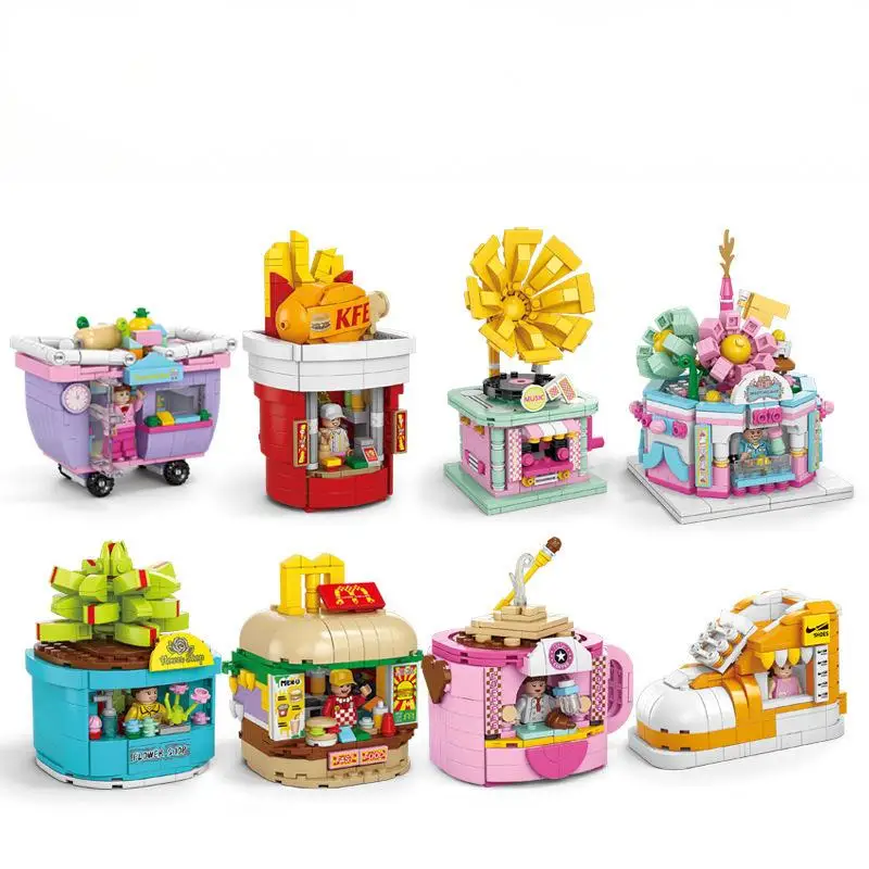 Ouzey 14 + mini blocos de construção de lanche de rua, kits de modelo de caminhão de comida de caixa pequena, presente de brinquedo educacional criativo diy para adolescentes