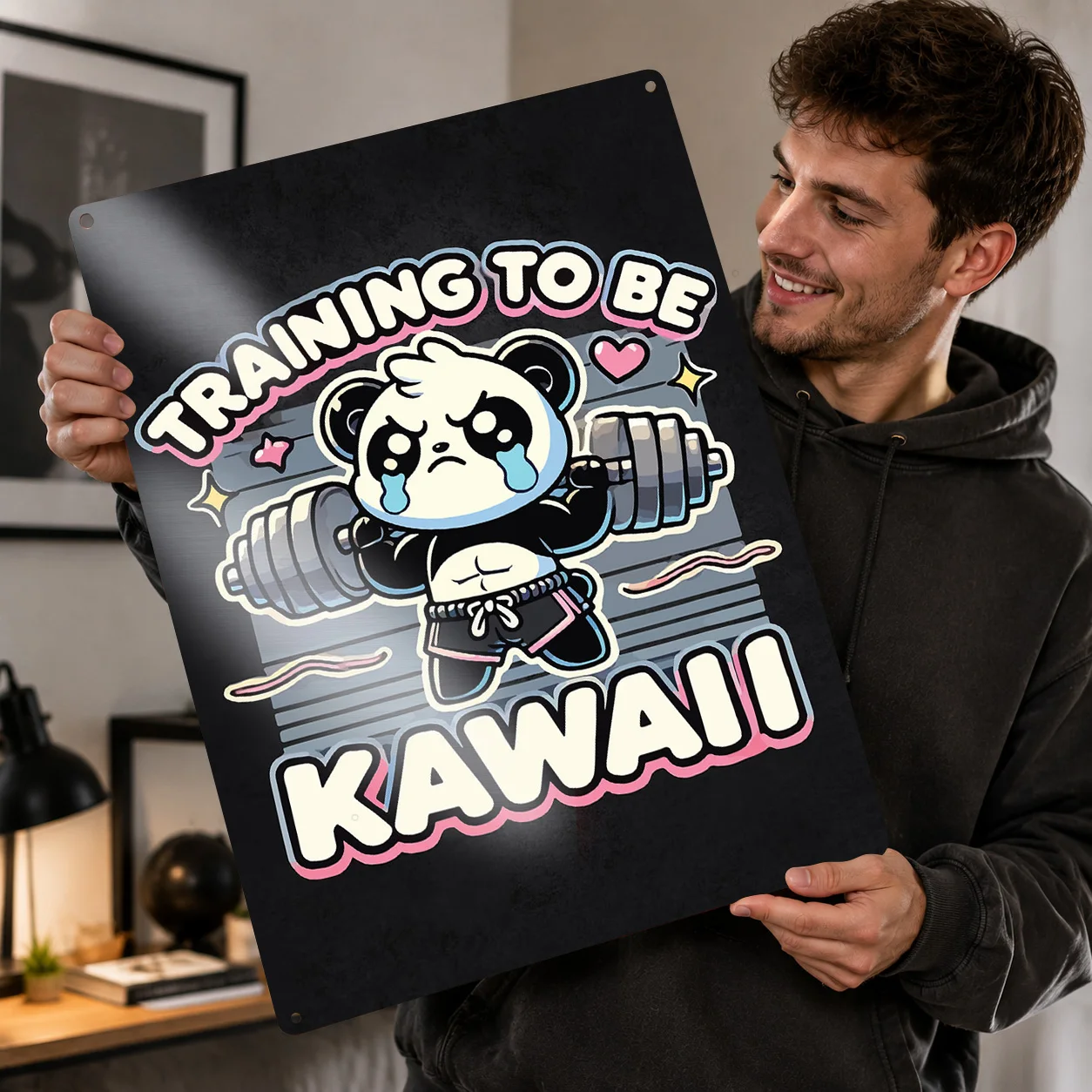 Gym Panda Training To Be Kawaii Cute Anime 3D Printed Texture Poster Personalized Wall Art Retro Metal Tin Signs for Decor Room