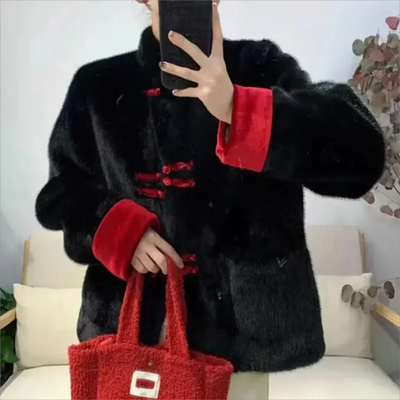 2024 Winter New Chinese style Environmental Protection Fur Imitation Mink Fur Coat Women's Pan Button Tang Costume High end Fur