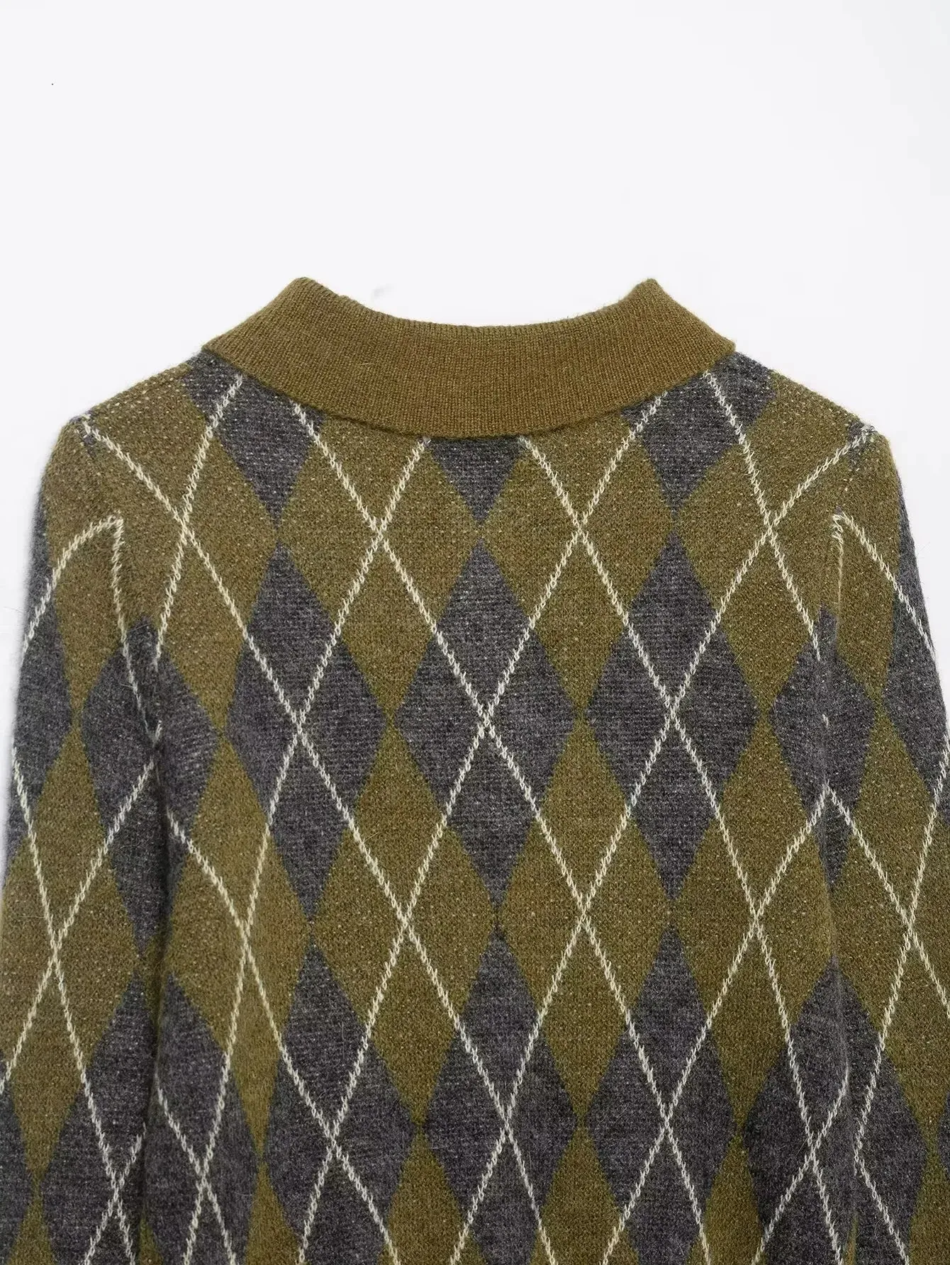 Damen Vintage Diamant Geometrisches Muster Häkel-Strickpullover Weiblicher Schicker Polokragen Schlanker Pullover Mantel Damenoberteile – Detail 10