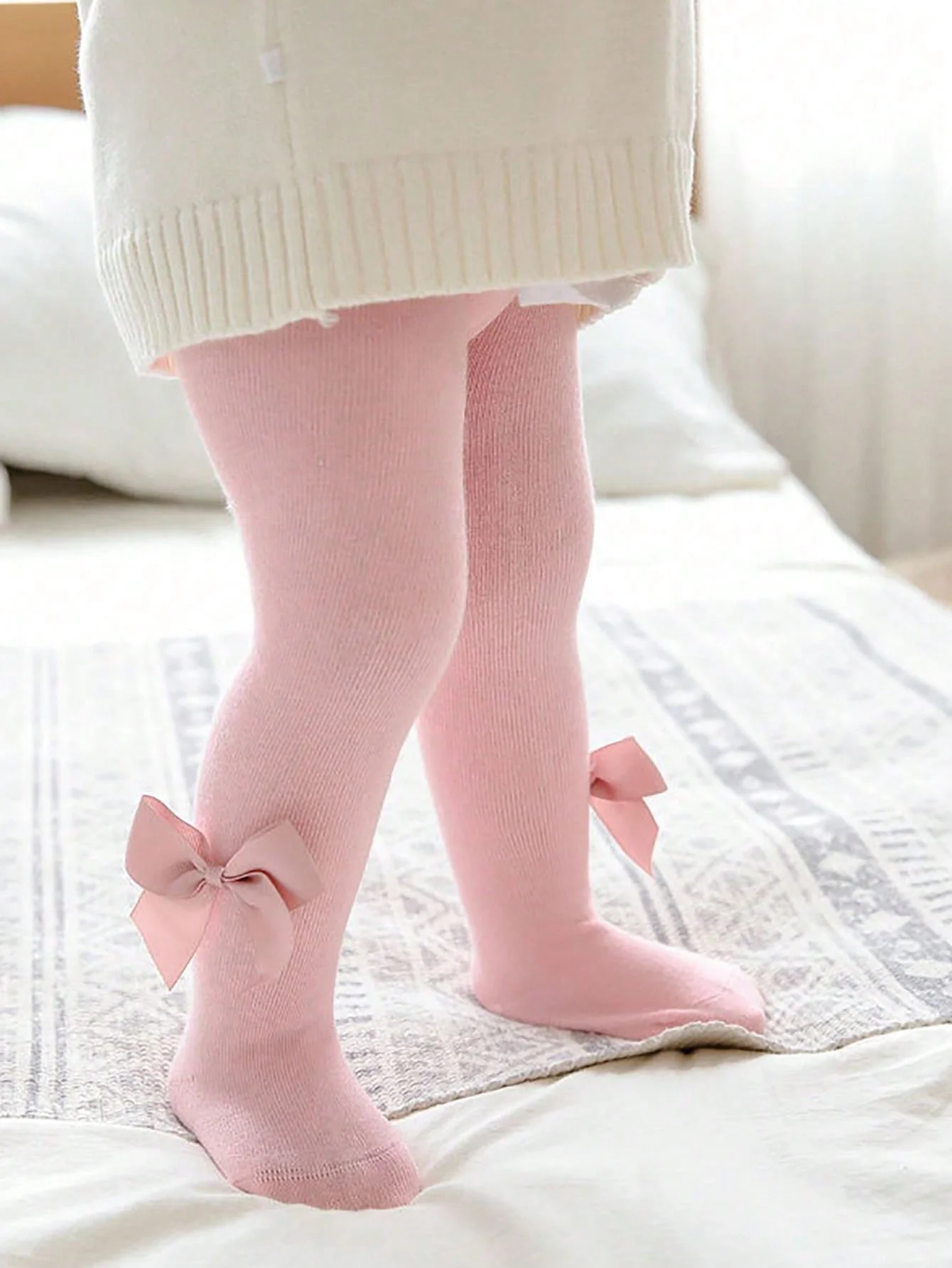 جوارب طويلة بلون سادة للفتيات الصغيرات من عمر 0 إلى 72 شهرًا مع عقدة ملولبة، سراويل ضيقة بخصر مطاطي للاستخدام اليومي غير الرسمي لربيع الخريف