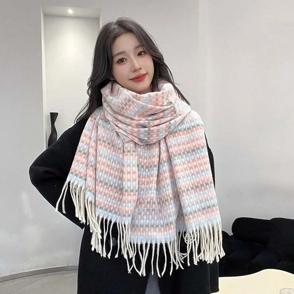 

Мягкий клетчатый шарф с допамином контрастного цвета, противохолодная вязаная шерстяная шаль, длинный шейный платок из искусственного кашемира в корейском стиле с кисточкой