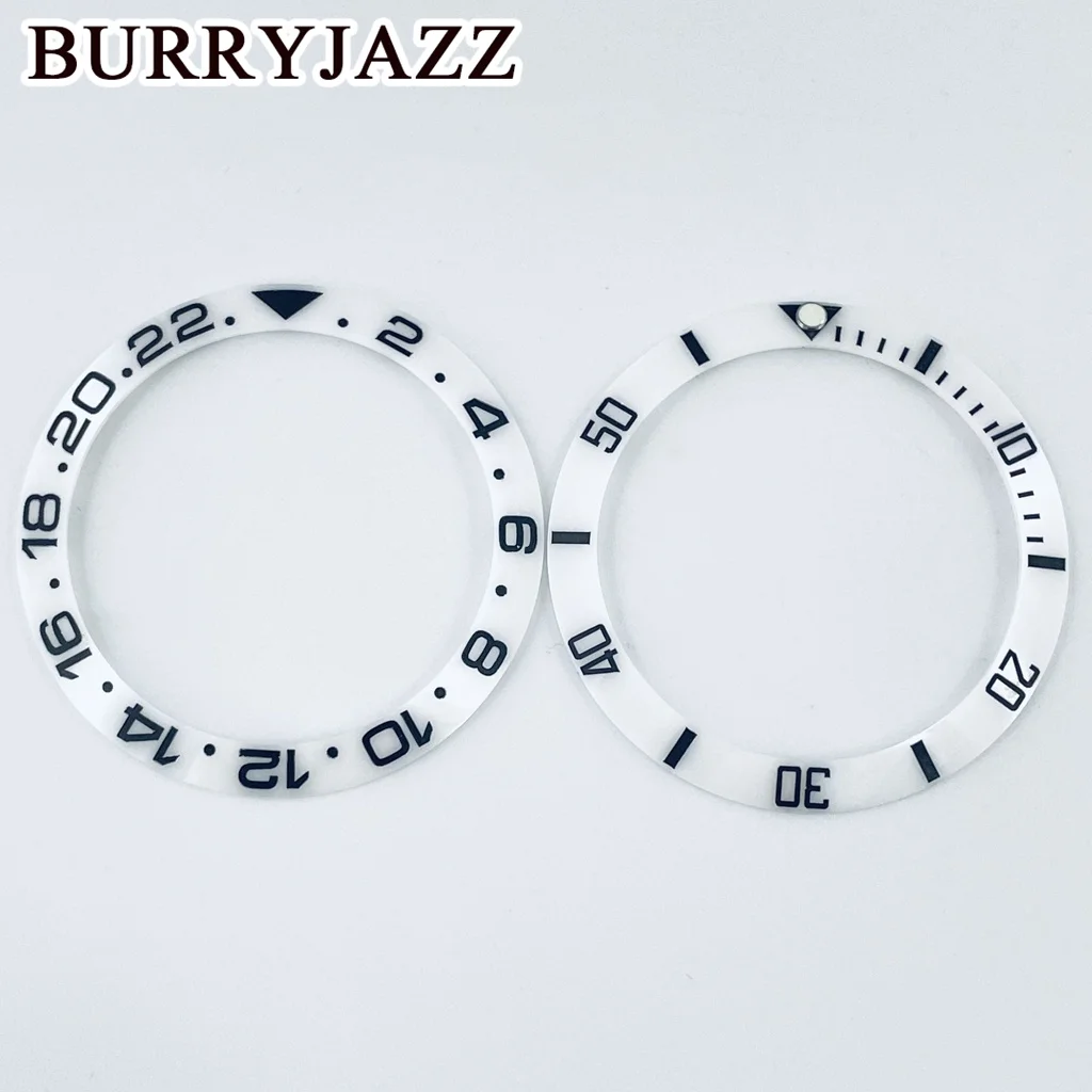 BURRYJAZZ 38mm White Sloping Diving GMT Ceramic Bezel Insert SUB Bezel Insert Fit 40mm Case NH35 NH34 Automatic Movement Watch