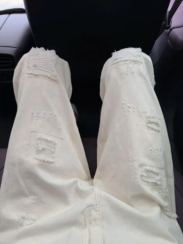 

White Torn Denim Jeans Men's Summer Casual Straight Leg Long Pants American High Street Micro Flared Beggar Pants