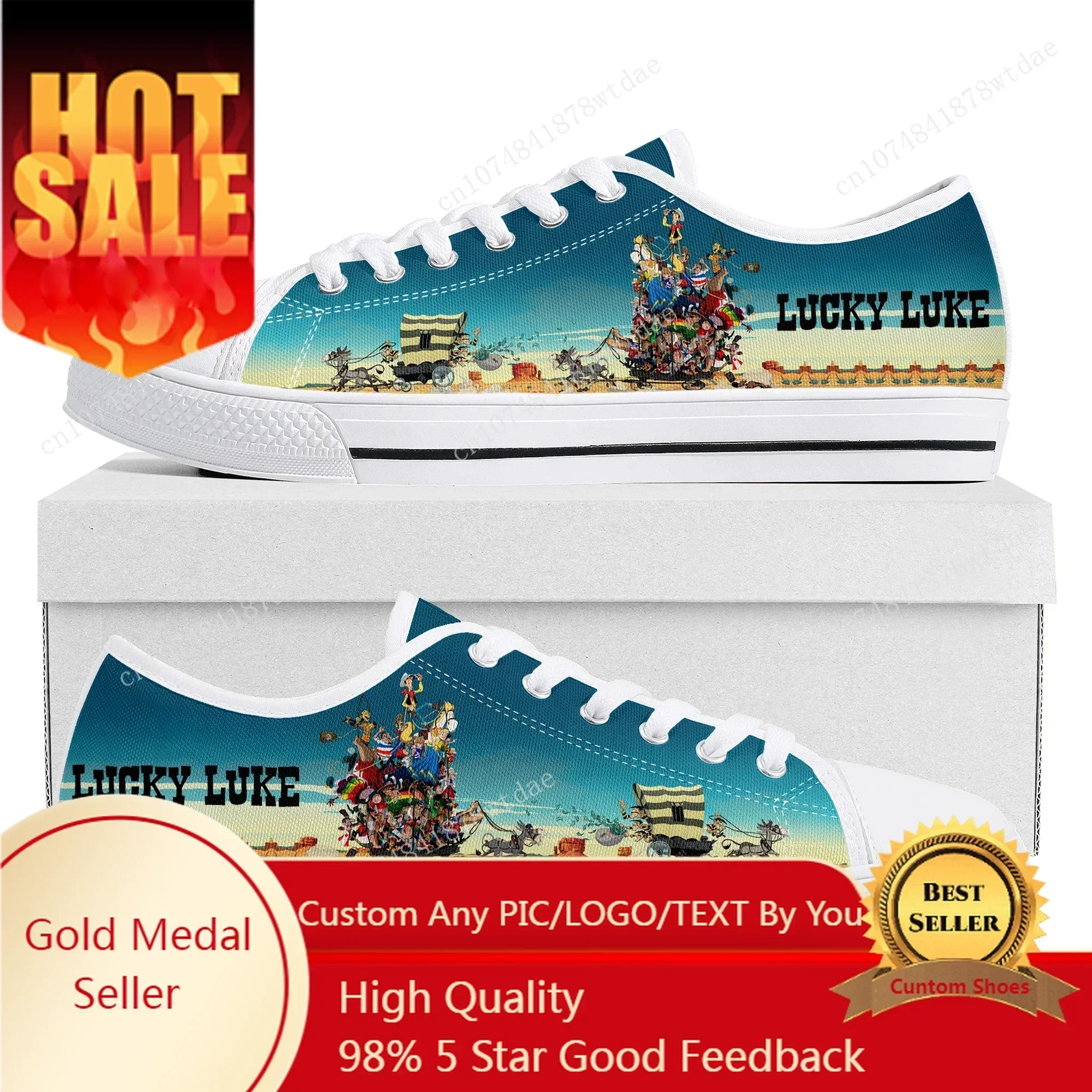 Lucky Luke Low Top Sneakers Womens Mens Cowboy High Quality Canvas Sneaker Couple Comics Manga Custom Made Shoes