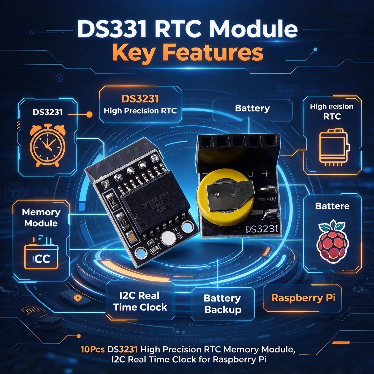 10Pcs DS3231 High Precision RTC Memory Module for Raspberry Pi, I2C Real Time Clock