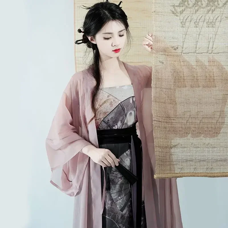 Gaun Hanfu motif ungu dinasti, jubah rok selempang 3 potong musim panas gaya Cina, kostum Cosplay putri Modern Hanfu