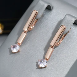 Wbmqda Simple Glossy Long Drop Earrings For Women 585 Rose Gold Color With White Natural Zircon Daily Party Fashion Jewelry