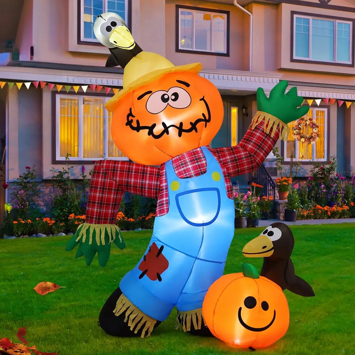 6 FT Thanksgiving Inflatable Decorations LED Lights Built-in Scarecrow Harvest Pumpkin Crow for Outdoor Party Decorations