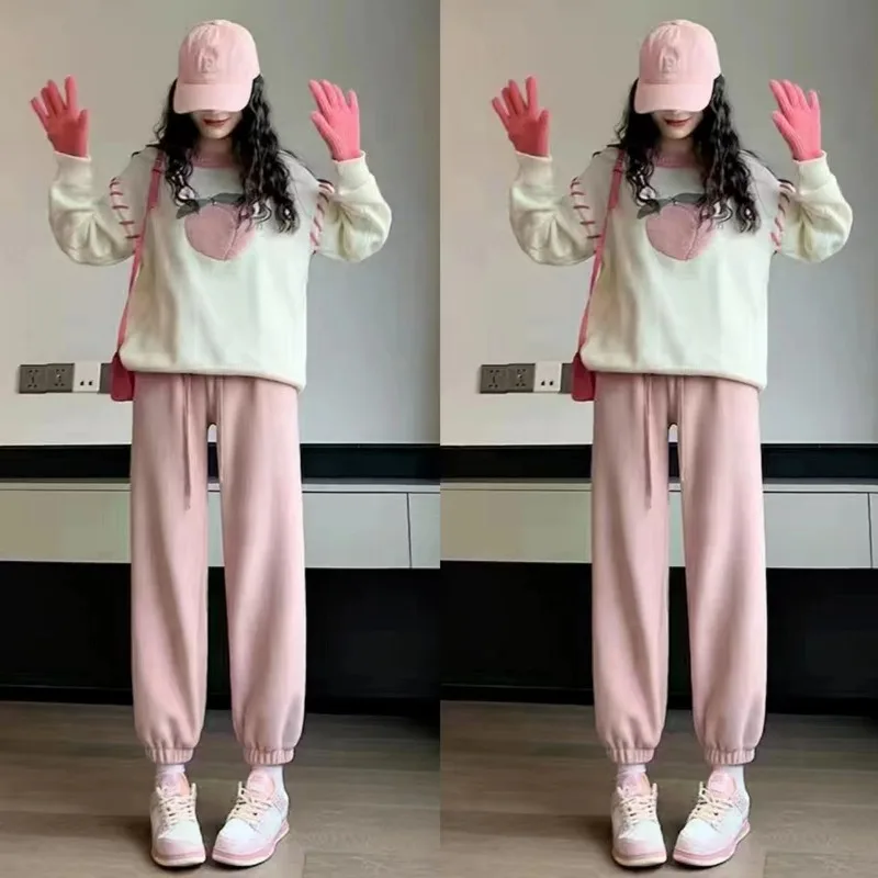 Women Autumn Winter Fleece Simplicity Office Lady Solid Color High Waist Appear Thin Sweatpants Ladies Casual All-match Trousers