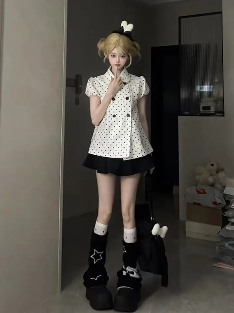 Coquette Sweet Vintage Polka Dot 2 Piece Set Women Puff Short Sleeve Double Breasted Bow Tie Top High Waist Mini Skirt Slim Fit