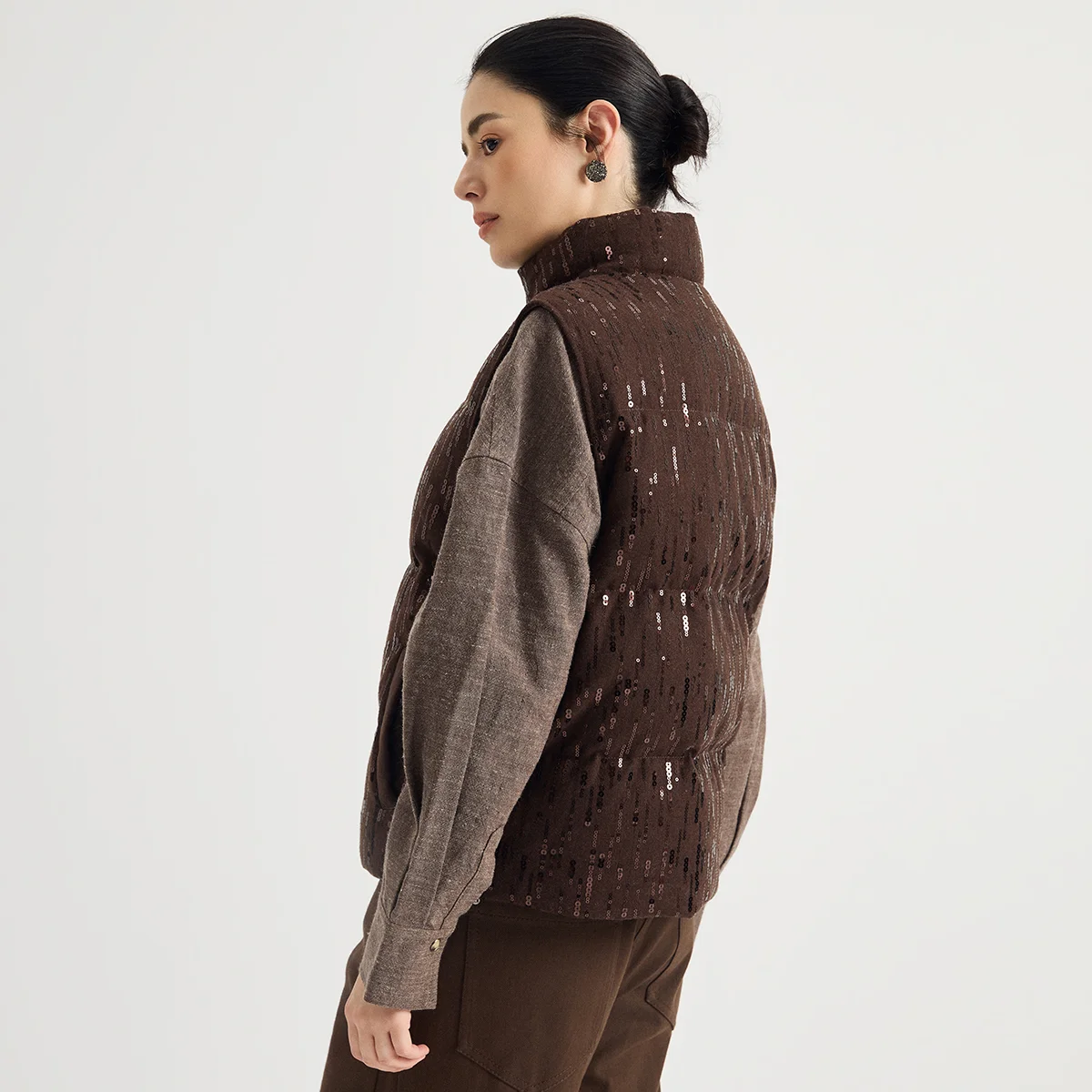 KX9523451 Women's Wool Blend Goose Down Vest Sequin Stand Collar Chain Trim Pocket Quiet Luxury Early Autumn Fall