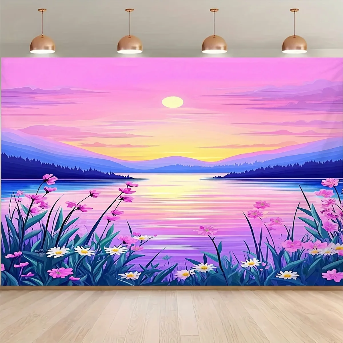 Ein flacher 2D-Hintergrundstoff aus Polyester – lila Seelandschaft, Fotografie-Hintergrundbanner, Raumdekoration, Studio-Requisiten
