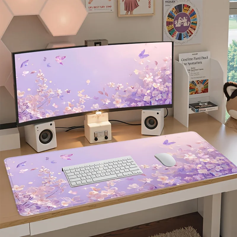 Artistic Mouse Pad Featuring a Dreamy Flower, Daisy, And Purple Butterfly, Designed for Office Use.
