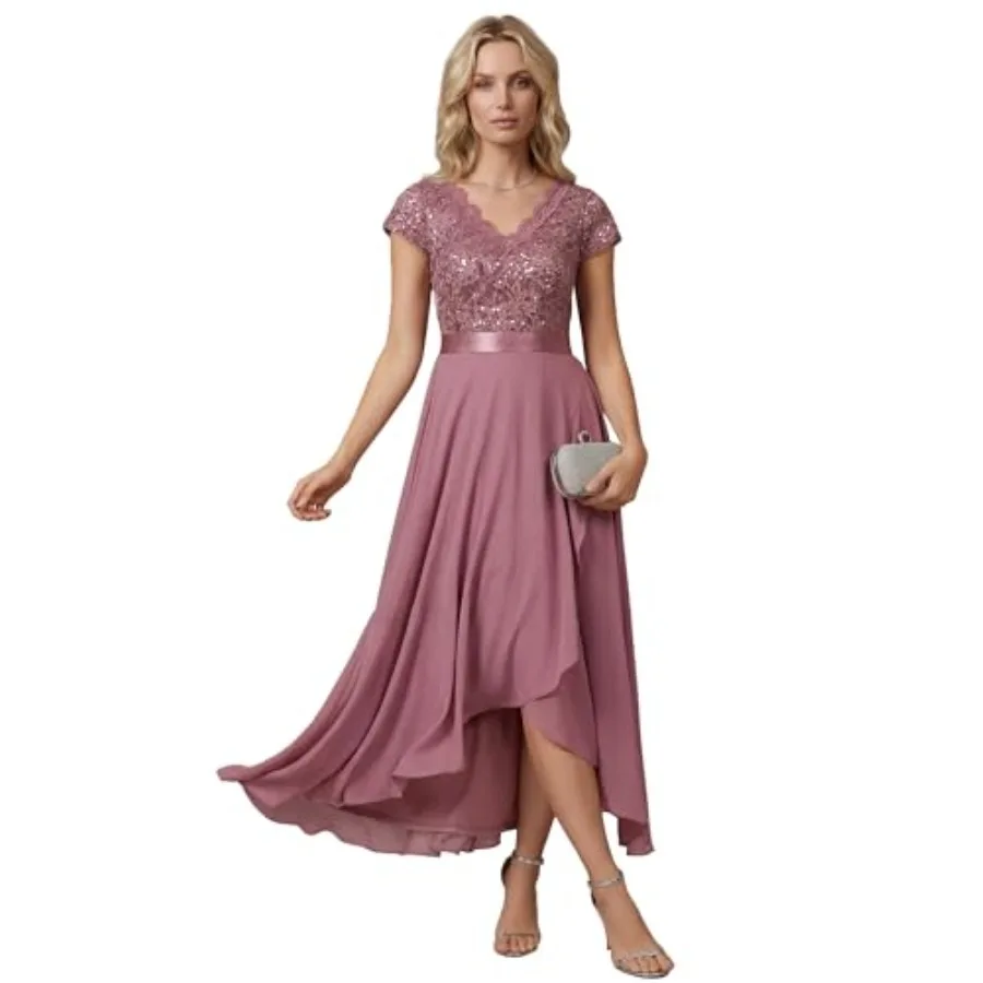 

Ever-Pretty Women's V-Neck Short Sleeves Mother of Bride Dresses Chiffon High-Low Asymmetrical Hem Semi Formal Dress 02