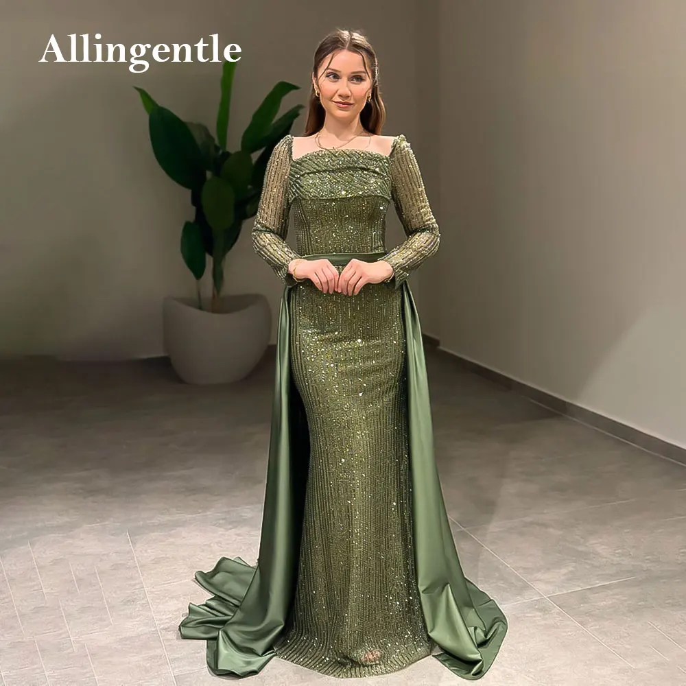 

Luxury Green Women's Evening Dresses Sequined Long Sleeves Elegant Mermaid Prom Gowns Formal Wedding Party Dress Customized