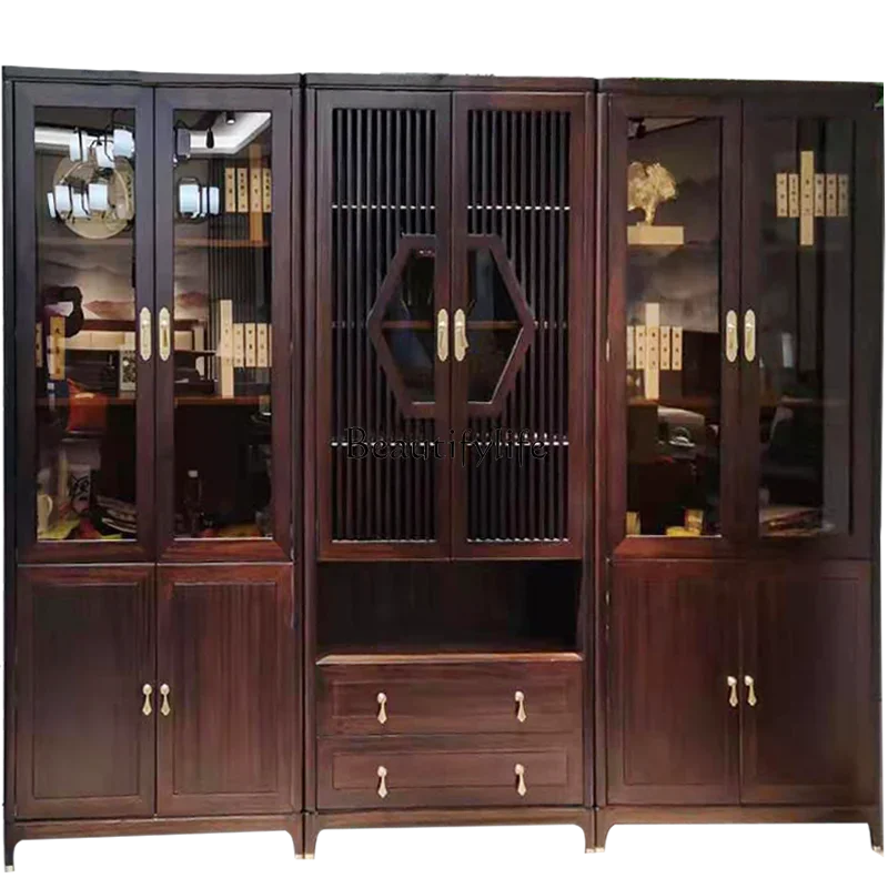 

ls 42 New Chinese solid wood bookcase ebony bookcase glass door as a whole