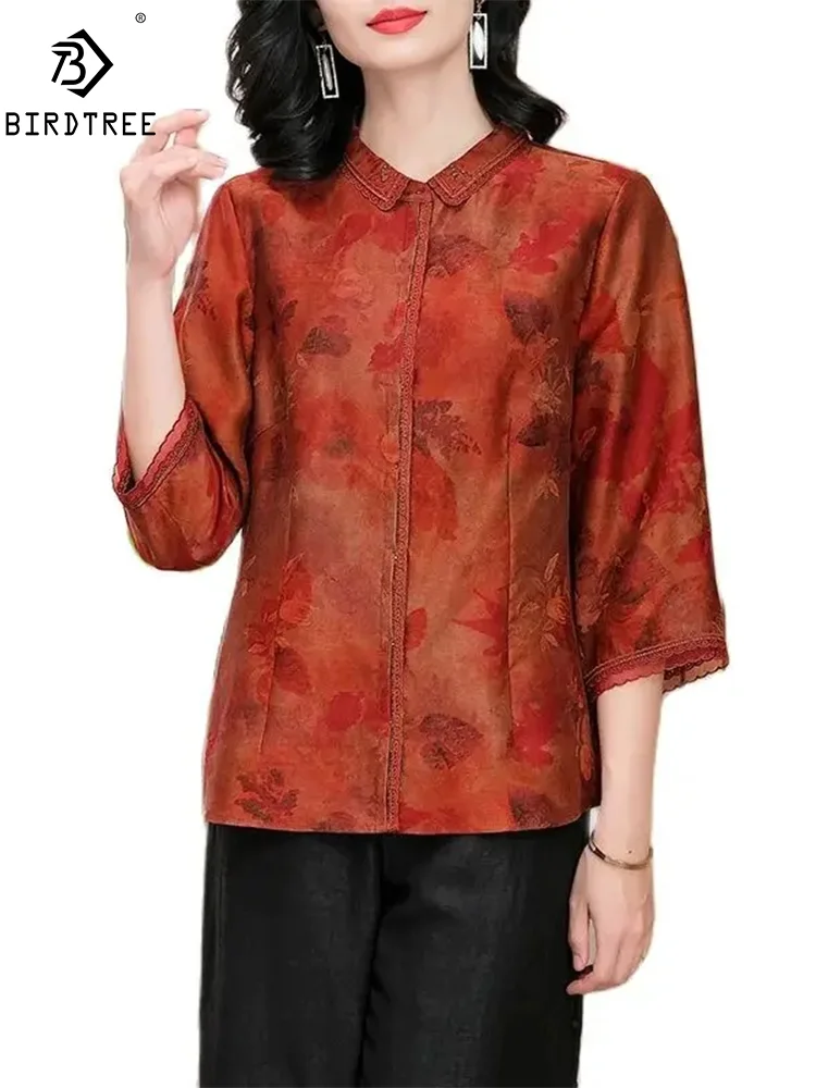 

BirdTree,Women 3/4 Sleeve Lace,Watered Gauze Real Silk Elegant Shirt,Retro Loose Vintage Blouse,2024 Summer Fall T456113QM